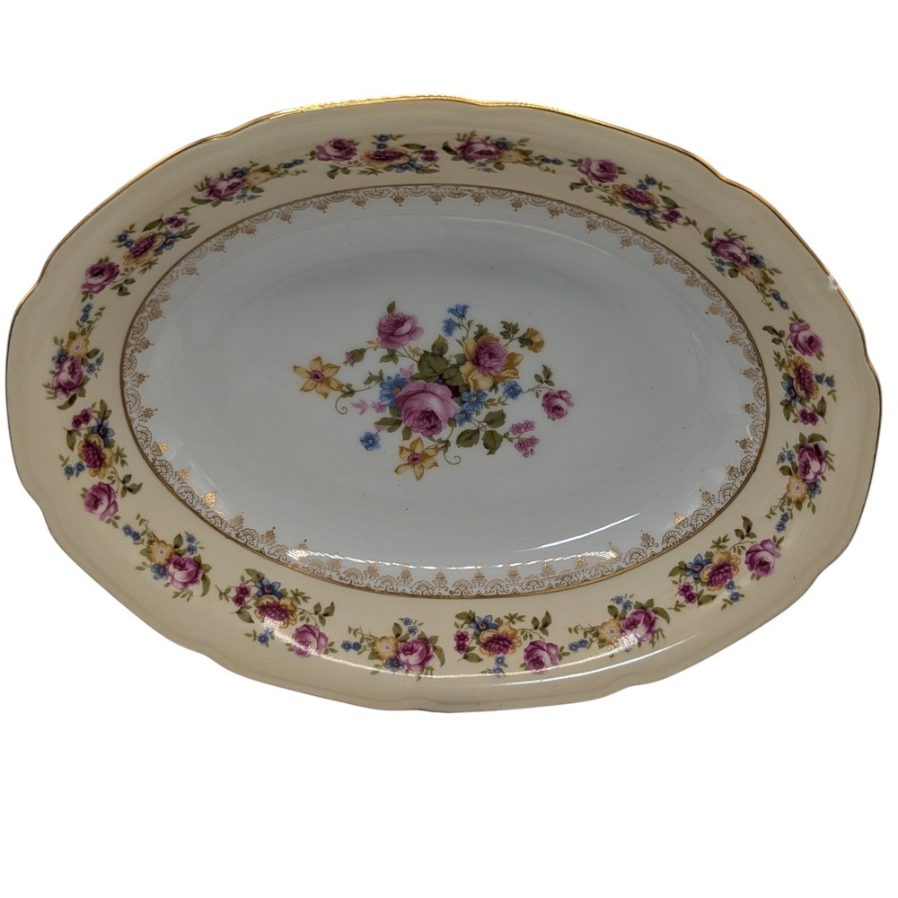 Vintage Gold Castle Serving Bowl Oval Hostess Garden Rose Occupied‎ Japan SEE